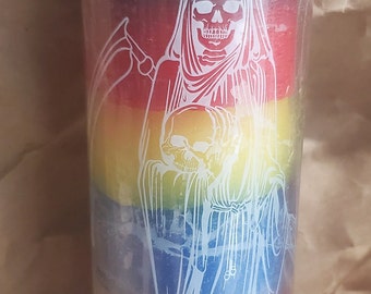 Santa Muerte Unscented 7 colors, rainbow color, 7 day,  tall glass prayer candle, veladoras Santa Muerte color 7 colores, arco iris