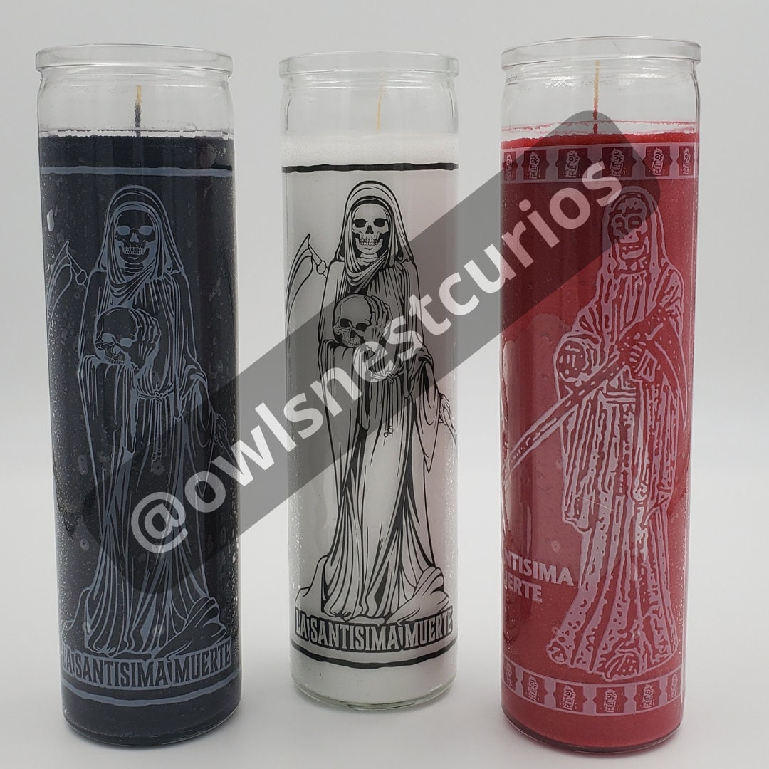 Santa Muerte Unscented Black, White, Red, 7 Day, Tall Glass Prayer