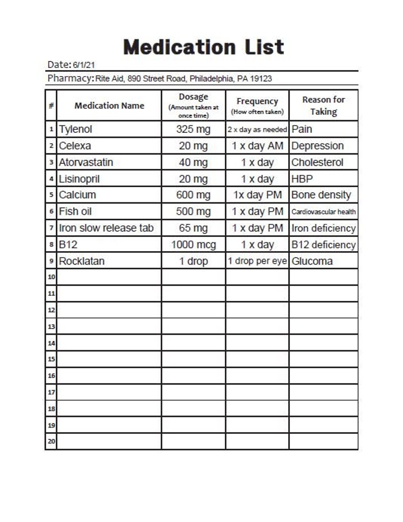 Medication Rx List Editable / Fillable PDF Download Etsy Singapore