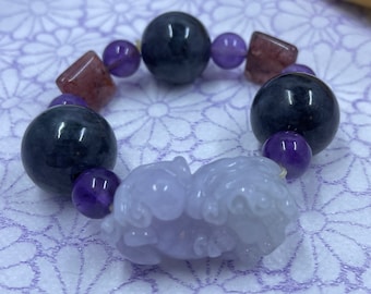 Icy Translucent Violet Purple A Jadeite Jade Pixiu Black Jadeite Beads Amethyst and Quartz Beaded Bangle Bracelet Hand Made