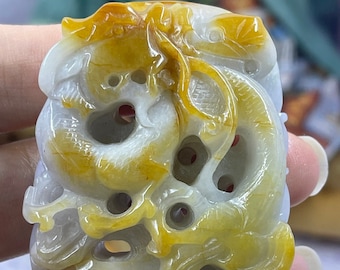 Exceptional Carving of a Dragon Coins Long Life Mushrooms in the Clouds Three Dimensional Hand Carved A Jadeite Jade Masterpiece