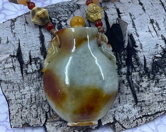 Stunning Jade Vase Pendant Beaded Necklace with Ocean Jasper Baroque Golden Pearls Olive Serpentine Red Jadeite Orange Aventurine 925 Silver