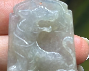 Icy Translucent A Jadeite Jade Gray White Floral Blue Tiger Plaque Hand Carved Pendant