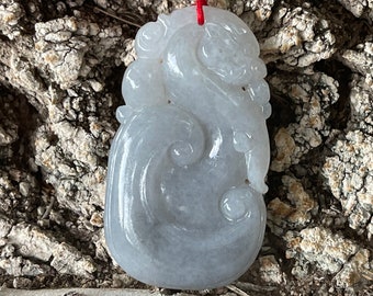 Natural Icy Translucent Lavender White A Jade Dragon Pearl and Lingzhi Long Life Mushroom Hand Carved Fei Cui Emerald Pendant Necklace