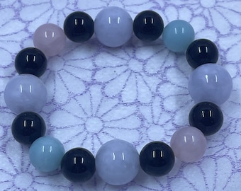100% Natural Translucent A Jadeite Jade Lavender Beads Amazonite Blue Beads Black Agate Beads Pink Rose Quartz Beads Beaded Bangle Bracelet