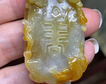 Icy Translucent A Jadeite Jade Honey Yellow Gold and White Double Pixiu Dragons Long Life Symbols Plaque Hand Carved Pendant