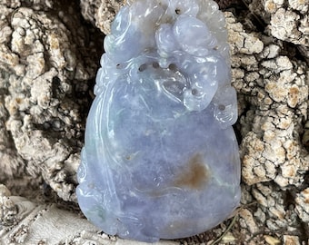 Icy Translucent Violet Purple Lavender White Red Green A Jadeite Jade Peach Long Life Mushroom Yuan Bao and Two Dragons Hand Carved Pendant