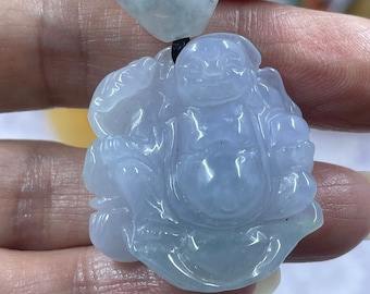 Spectacular Icy Translucent A Jadeite Jade Lavender Green Buddha Yuan Bao Lotus Root and Leaf Hand Carved Pendant with Beaded Accents