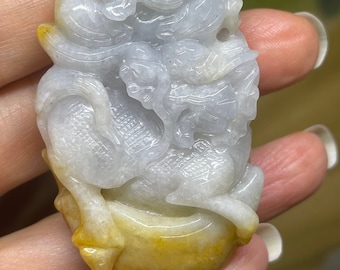 Amazing Icy Translucent A Jadeite Jade Lavender White Honey Yellow Kirin and Monk Bat Yuan Bao in the Clouds Hand Carved Pendant
