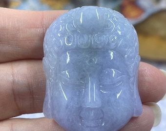 100% Natural Exquisite Icy Translucent Lavender Purple and Green A Jadeite Jade Buddha Head Hand Carved Pendant