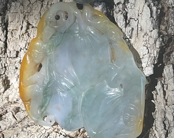 Vintage Old Pitt Icy Translucent Fei Cui Emerald A Jade Hand Carved Jadeite Monkey Peach Ruyi Pendant Necklace Floral Green Large Bead