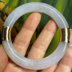 Icy Translucent 14K Gold Hinged A Jadeite Jade White Hand Carved Bangle Bracelet Emerald Fei Cui