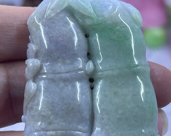 Icy Translucent A Jadeite Jade Lavender Purple Green and Yellow Hand Carved Pendant of Bamboo and Bat