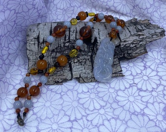 Icy Translucent A Jadeite Jade Lavender Yellow Hand Created Dragon in the Clouds Beaded Necklace Amber and Jadeite 925 Silver Lobster Clasp