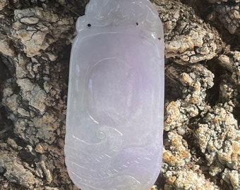 Icy Translucent A Jade Lavender Violet Green and White Hand Carved Phoenix Dragon and Long Life Mushroom Lingzhi Pendant Necklace