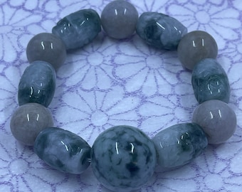 Icy Translucent A Jadeite Jade Floral Green Round Beads Floral Green Tube Beads and Lavender Yellow  Round Jade Beaded Bangle Bracelet.