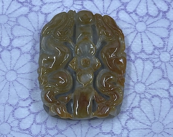 Absolutely Gorgeous Icy Translucent Honey Golden A Jade Double Dragons and Celadon Green Peony Flower Hand Carved Jadeite Pendant