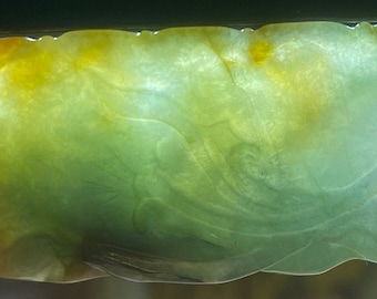 Icy Translucent A Jadeite Jade Green White Brown Bat Flying in the sky with Clouds and Long Life Mushrooms Hand Carved Pendant