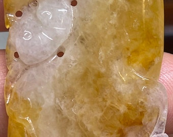 Super Icy Translucent Golden Honey Yellow and White  A Jadeite Jade Double Squirrels Gourd Long Life Mushrooms and Money Hand Carved Pendant