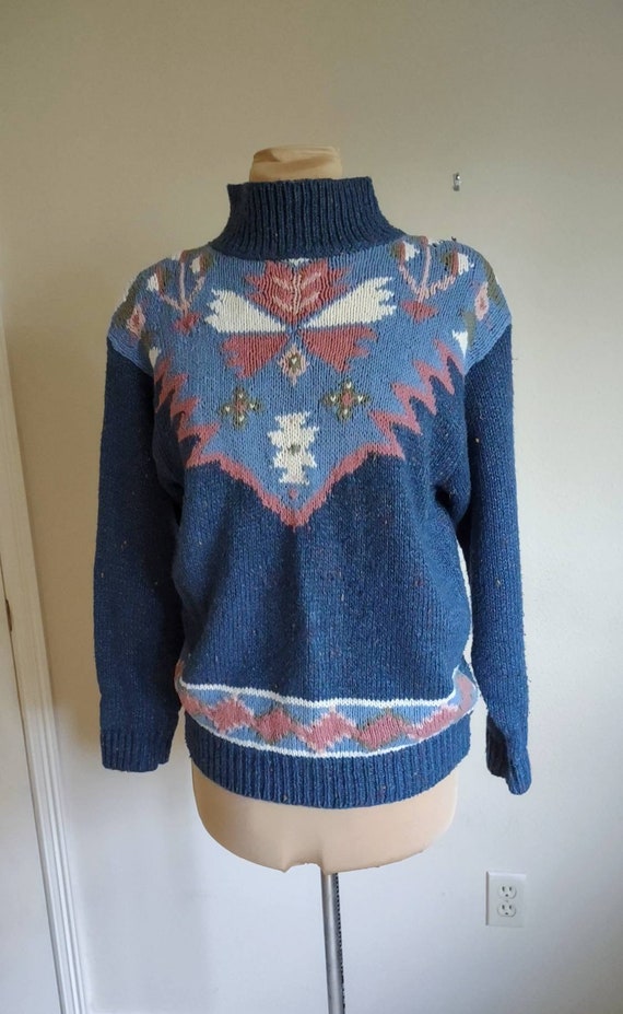 Vintage 80s Blue and Pink Sweater - Southwest - Co