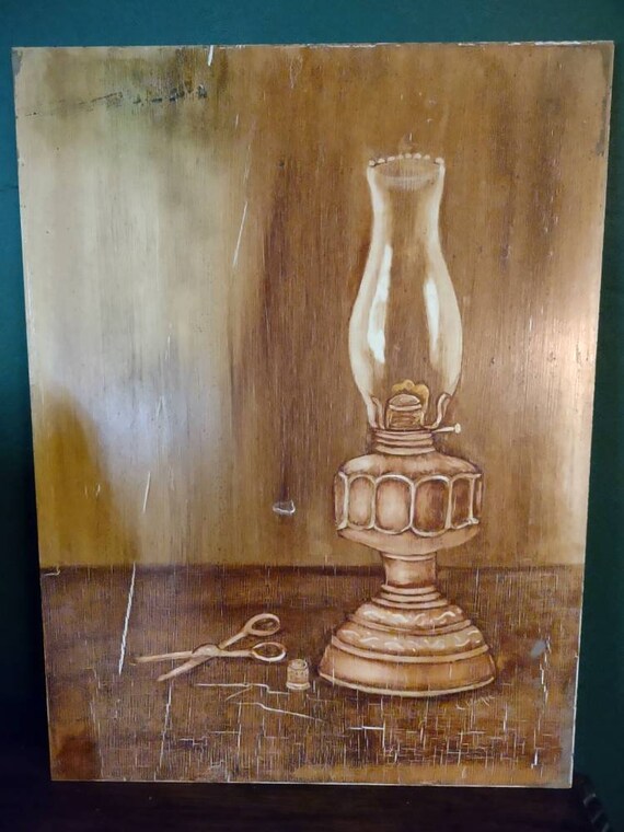 Vintage Painting on Wood Oil Lamp Painting Cottagecore Etsy