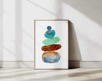 Poster abstrakt in Aquarell | Zen Steine Gestapelt | Rocks Poster Kunstdruck | Friedliche Wohnkultur