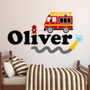 Custom Name Firetruck Wall Decal for Kids Fire Truck Wall Decals Fire Fighter Boys Nursery Wall Decor Vinyl Wall Art Decoration Sticker
