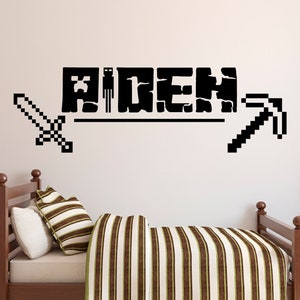 Gepersonaliseerde gaming zwaard en bijl naam mijne geïnspireerd spel muurtattoo blok naam muur decor kinderen gamer kamer speelkamer vinyl kunst muurschildering sticker