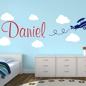 Personalized Airplane Name Wall Decal for Kids Nursery Wall Decals Airplanes and Clouds Wall Decor Baby Boys Wall Art Mural Vinyl Sticker
