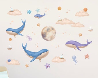 Ocean Baby Nursery Wall Decals Kids Under The Sea Sticker Whale Clouds Moon & Stars Decals Nautical Wall Stickers for Bedroom Childrens Room