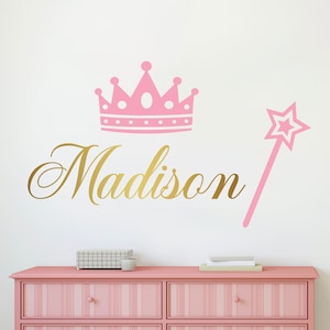 Princess Tinkerbell Name Wall Decal Custom Name Wall Decal for Girls Little Princess Gold Crown Nursery Decor Kids Room Wall Art Sticker