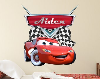 Cars Name Wall Decal Lightning McQueen Wall Decor Cars Wall Art for Kids Bedroom Boys Custom Cars Sticker Poster Mural Playroom Vinyl Gift