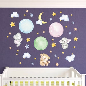 Elephant Nursery Wall Decals Hippo Bear Elephant Bedroom Wall Decor Sticker for Kids Balloons Vinyl Crib Decoration for Baby Girls & Boys