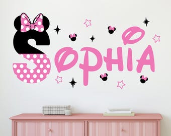 Personalized Minnie Mouse Name Wall Decal for Girls Room – Custom Vinyl Wall Sticker with Bow and Stars – Minnie Nursery Decor Baby Girl Art