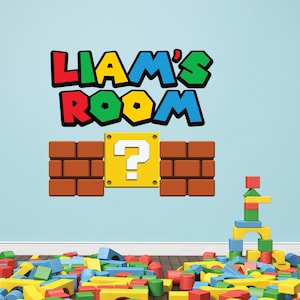 Calcomanía de pared con nombre personalizado de Mario para sala de juegos infantil, dormitorio, letras, ladrillos de colores, decoración de pared unisex para niños y niñas, mural artístico de vinilo