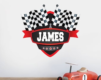 Racing Name Wall Decal Kids Room Personalized Race Car Playroom Bedroom Wall Sticker Custom Boys Art Mural Nursery Baby Vinyl Sticker