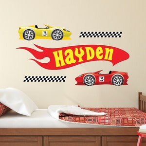 Personalized Racing Car Name Wall Decal Race Wall Decor Nursery Wall Decals Supercar Track & Flags Art Mural Removable Vinyl Sticker