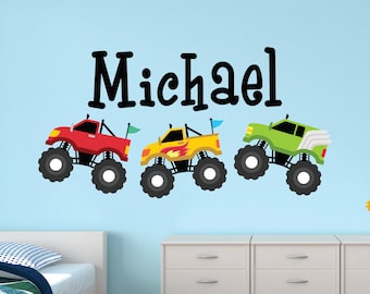 Monster Truck Name Wall Decal Custom Monster Jam Wall Decor for Boys Bedroom Monster Truck Theme Kids Baby Nursery Wall Art Vinyl Sticker