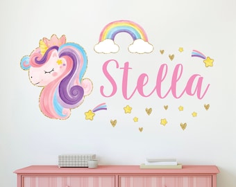 Personalisierte Name Wand Aufkleber für Mädchen Einhorn Regenbogen Wand Aufkleber Nettes Einhorn-Kinderzimmer-Wand-Dekor-Aufkleber Baby-Wand-Kunst-Vinyl-Aufkleber