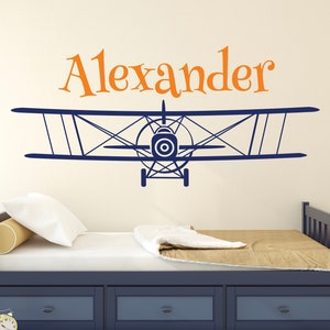 Personalized Airplane Name Wall Decal for Kids Biplane Wall Decor Nursery Wall Decal Plane Boys Large Airplane Decal Art Vinyl Mural Sticker