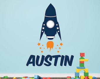 Rocket Name Wall Decal Personalized Astronaut Wall Decals for Kids Bedroom Rocket Ship Wall Decor Space Wall Art Vinyl Playroom Sticker