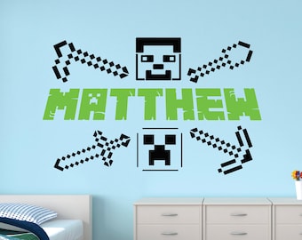 Gaming Name Wall Decal Personalized Room Wall Decor for Kids Name Removable Wall Decal Gamer Poster Playroom Vinyl Video Game Mural Sticker