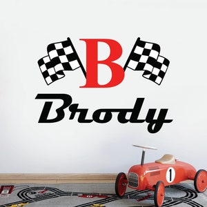 Racing Flags Name Wall Decal Personalized Kids Wall Decor Bedroom Checkered Flag Race Monogram Nursery Playroom Wall Art Vinyl Sticker