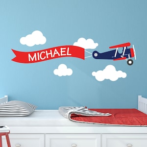 Airplane Name Wall Decal Personalized Airplanes and Clouds Wall Decal for Kids Nursery Playroom Wall Decor Removable Wall Art Vinyl Sticker