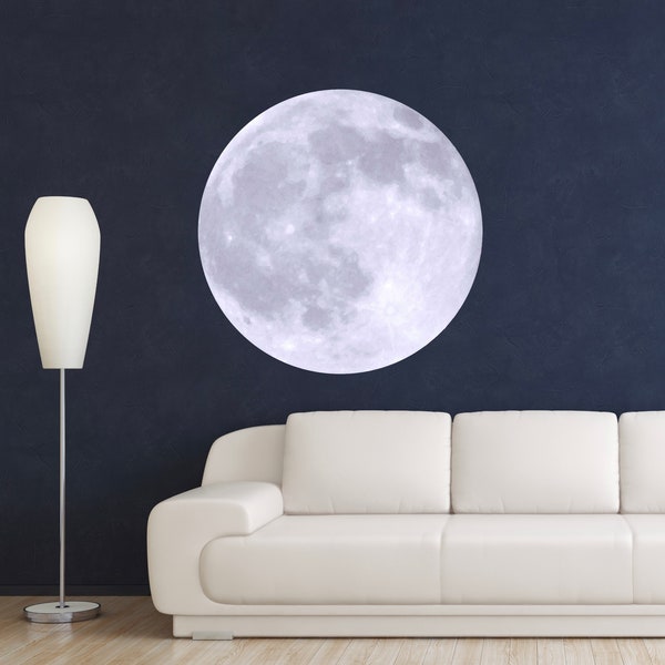 Vinilo decorativo de pared con la luna llena. Decoración de pared grande con la luna llena. Vinilo decorativo espacial para dormitorio, aula, sala de juegos o guardería. Adhesivo de vinilo removible para pared.