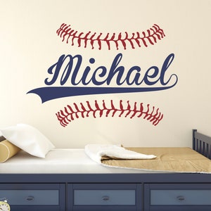Baseball Name Wall Decal Personalized Baseball Sports Wall Decor for Kids Bedroom Playroom Baseball Stitching Custom Art Mural Vinyl Sticker