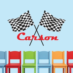 Custom Racing Flags Name Wall Decal for Boys Bedroom Race Themed Nursery Wall Decor Checkered Flag Kids Playroom Wall Art Mural Sticker