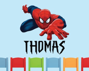 Vinilo decorativo de pared con el nombre de Spiderman. Personalizado para la habitación de los niños. Decoración de pared de superhéroe para la sala de juegos. Adhesivo de vinilo removible.