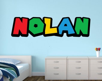 Sticker mural personnalisé nom de style Mario pour chambre d'enfants, lettres de jeu, couleurs de briques garçons filles unisexe décoration murale art mural vinyle autocollant