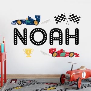 Personalized Racing Name Wall Decal Checkered Flags Wall Stickers for Kids Cars Wall Decor Race Car Boys Bedroom Art Mural Vinyl Sticker